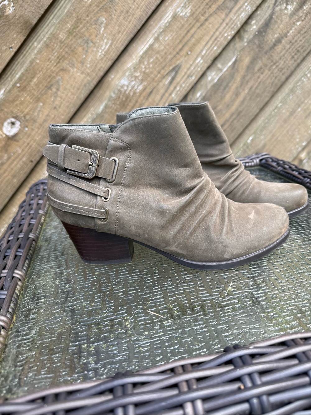 BareTraps Taupe Suede Ankle Booties with Buckle Straps